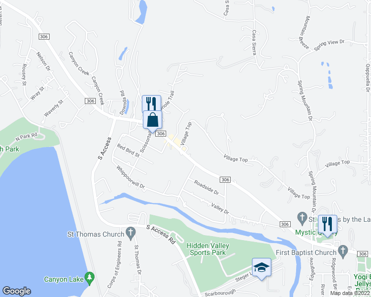 map of restaurants, bars, coffee shops, grocery stores, and more near 14070 Farm to Market Road 306 in Canyon Lake