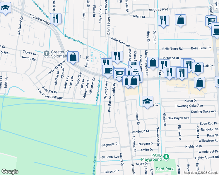 map of restaurants, bars, coffee shops, grocery stores, and more near 2036 Rue Racine in Marrero