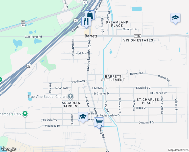 map of restaurants, bars, coffee shops, grocery stores, and more near 12521 Alma Street in Crosby