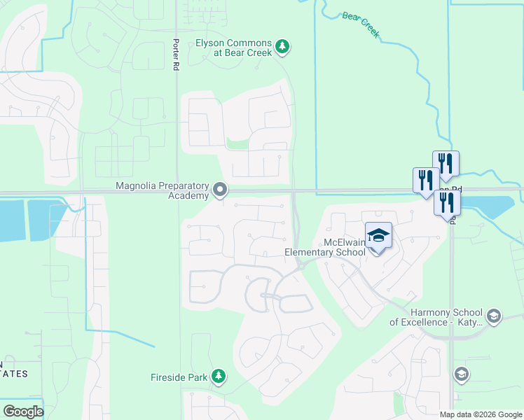 map of restaurants, bars, coffee shops, grocery stores, and more near 23635 Kingston Ridge Way in Katy