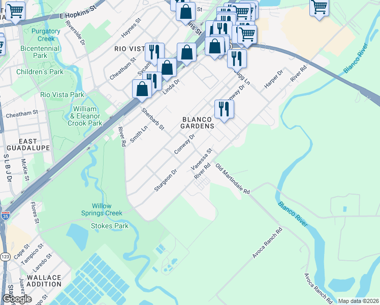 map of restaurants, bars, coffee shops, grocery stores, and more near 809 Sturgeon Drive in San Marcos