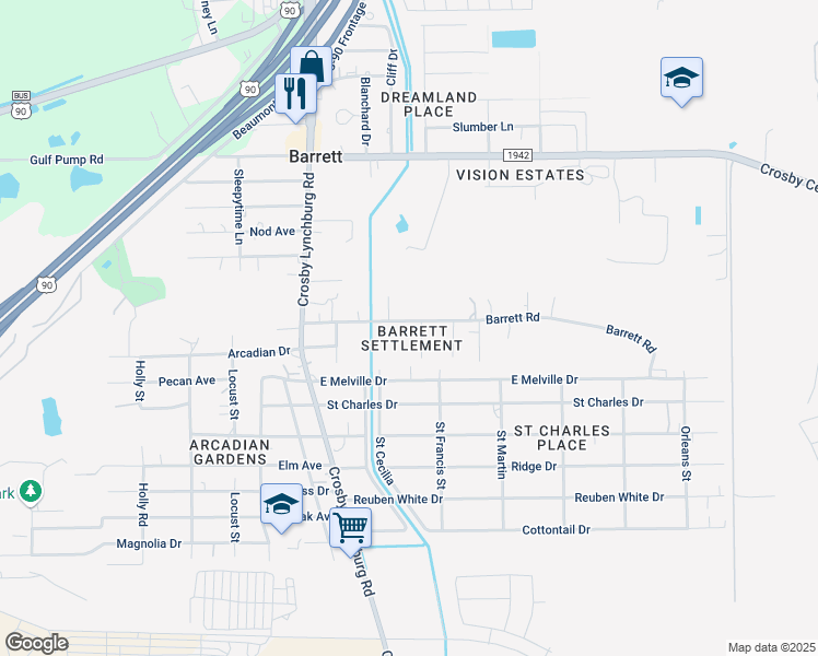 map of restaurants, bars, coffee shops, grocery stores, and more near 222 Barrett Road in Crosby