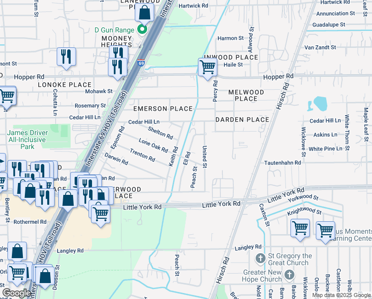 map of restaurants, bars, coffee shops, grocery stores, and more near 4501 Lone Oak Road in Houston