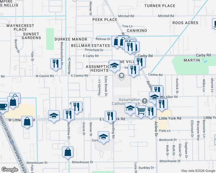 map of restaurants, bars, coffee shops, grocery stores, and more near 7707 Echo Brook Drive in Houston
