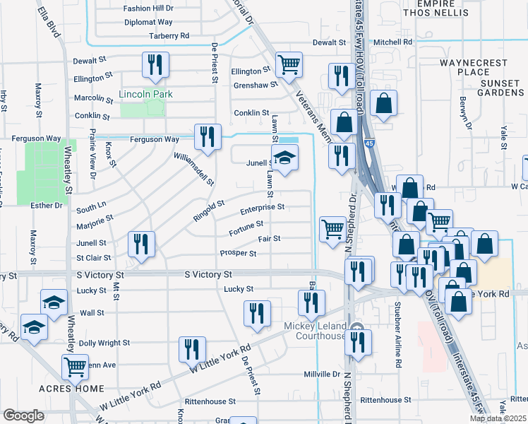 map of restaurants, bars, coffee shops, grocery stores, and more near 805 Enterprise Street in Houston