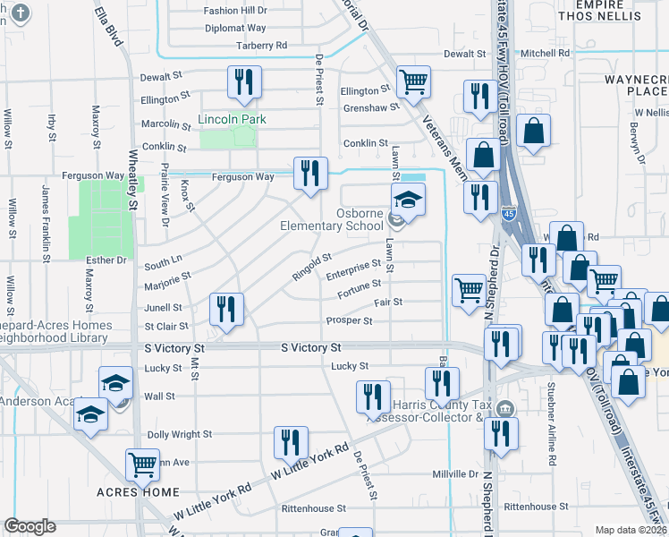 map of restaurants, bars, coffee shops, grocery stores, and more near 854 Enterprise Street in Houston