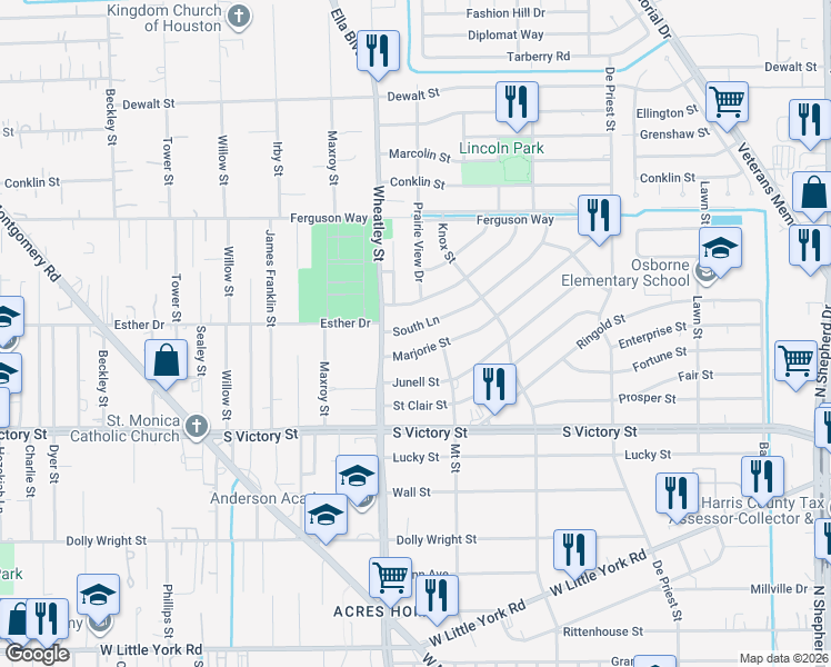 map of restaurants, bars, coffee shops, grocery stores, and more near 1057 South Lane Street in Houston