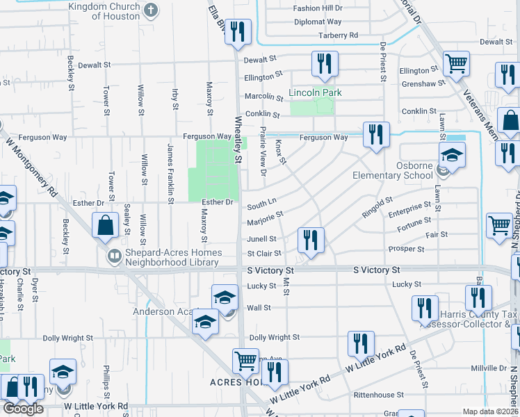 map of restaurants, bars, coffee shops, grocery stores, and more near 1057 South Lane Street in Houston
