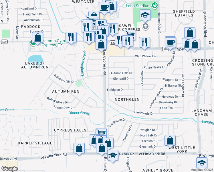 map of restaurants, bars, coffee shops, grocery stores, and more near 6689 Barker Cypress Road in Houston