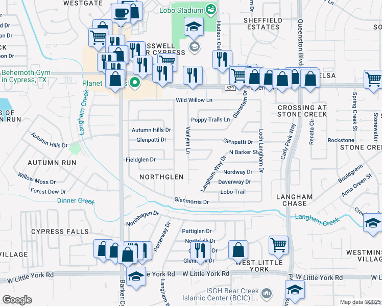 map of restaurants, bars, coffee shops, grocery stores, and more near 17623 Wolf Hollow Drive in Houston