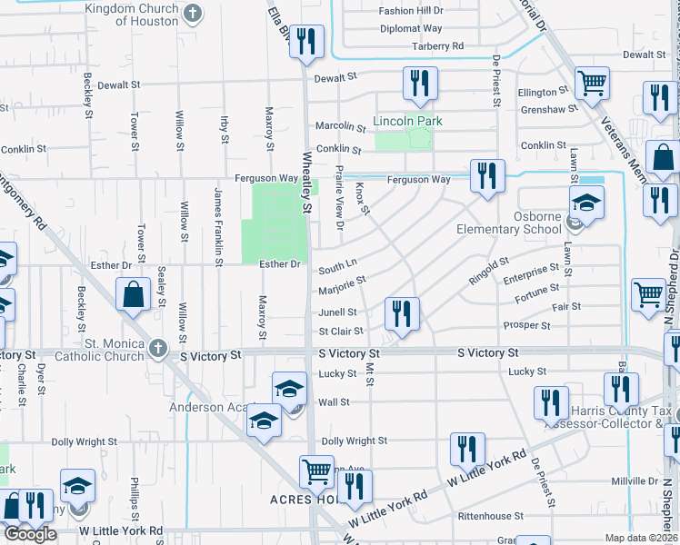 map of restaurants, bars, coffee shops, grocery stores, and more near 1057 South Lane in Houston