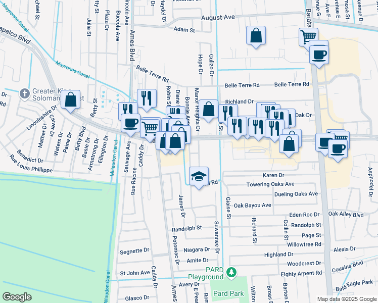 map of restaurants, bars, coffee shops, grocery stores, and more near 1924 Bonnie Ann Drive in Marrero