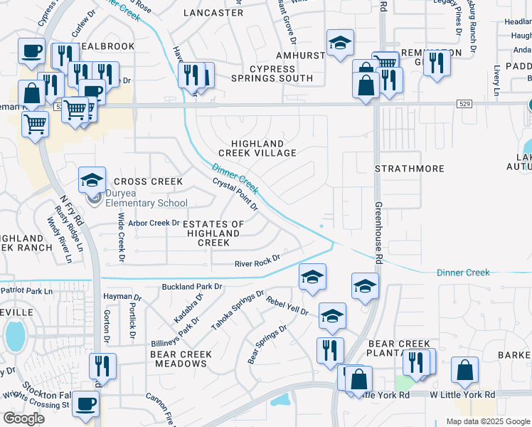 map of restaurants, bars, coffee shops, grocery stores, and more near 6706 Crystal Point Drive in Katy
