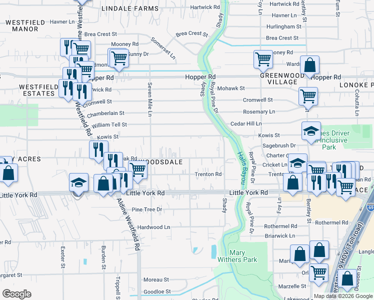 map of restaurants, bars, coffee shops, grocery stores, and more near 2527 Lone Oak Road in Houston