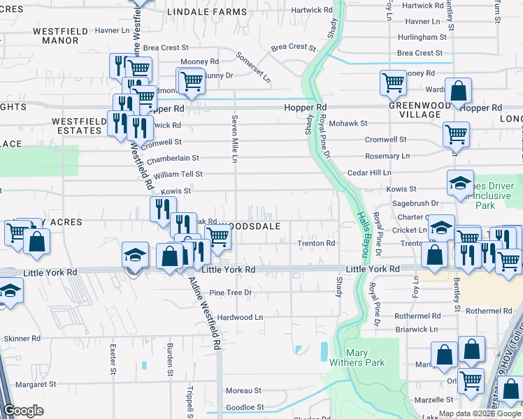 map of restaurants, bars, coffee shops, grocery stores, and more near 2505 Lone Oak Road in Houston