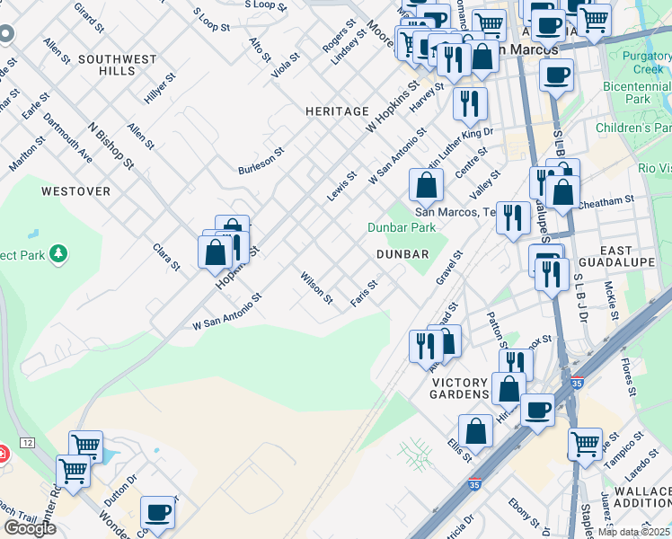 map of restaurants, bars, coffee shops, grocery stores, and more near 1103 Martin Luther King Drive in San Marcos