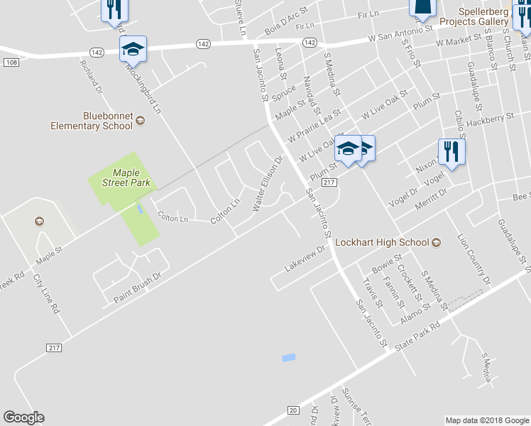 map of restaurants, bars, coffee shops, grocery stores, and more near 515 Caribbean Street in Lockhart