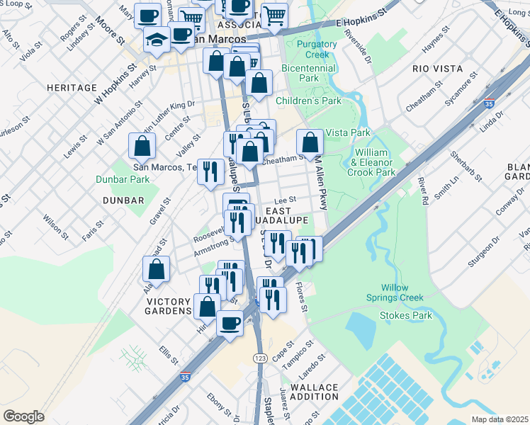map of restaurants, bars, coffee shops, grocery stores, and more near 615 South L B J Drive in San Marcos