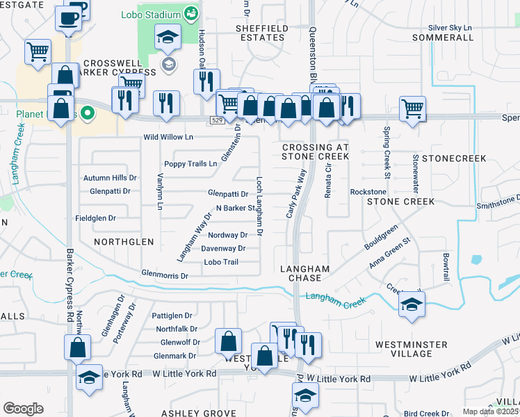 map of restaurants, bars, coffee shops, grocery stores, and more near 12507 North Barker Street in Houston