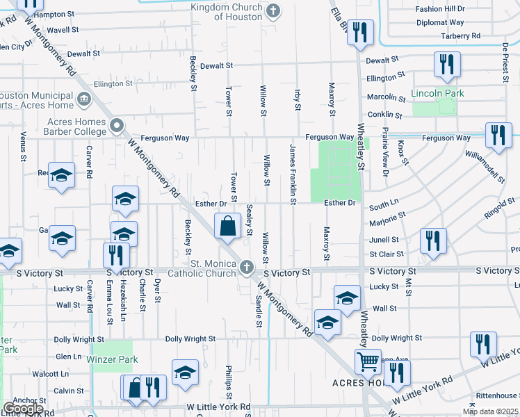map of restaurants, bars, coffee shops, grocery stores, and more near 8000 Willow Street in Houston