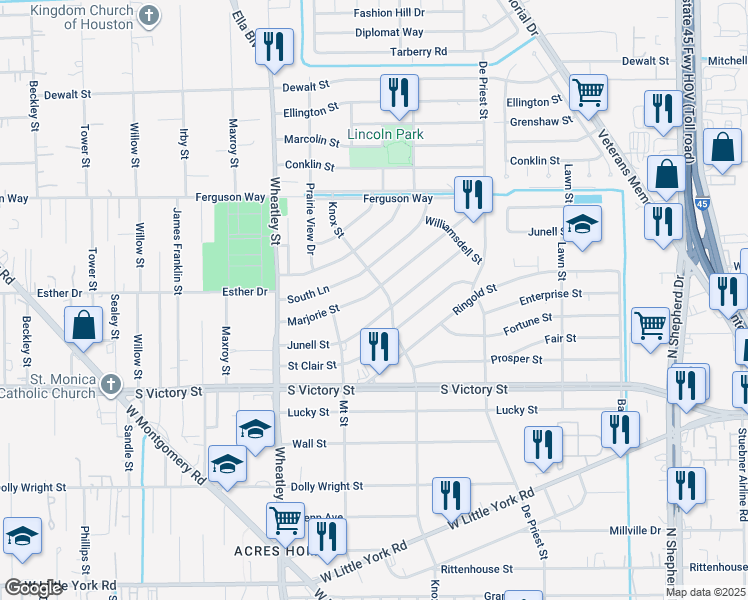 map of restaurants, bars, coffee shops, grocery stores, and more near 1011 Marjorie Street in Houston