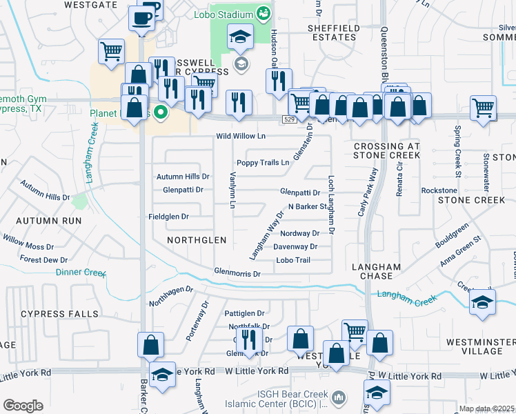 map of restaurants, bars, coffee shops, grocery stores, and more near 17515 Wolf Hollow Drive in Houston
