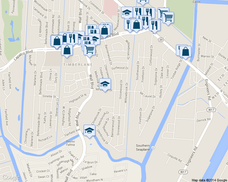 map of restaurants, bars, coffee shops, grocery stores, and more near 2850 Mt Laurel Dr in Gretna