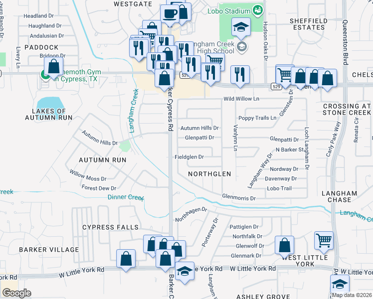 map of restaurants, bars, coffee shops, grocery stores, and more near 17911 Wolf Hollow Drive in Houston