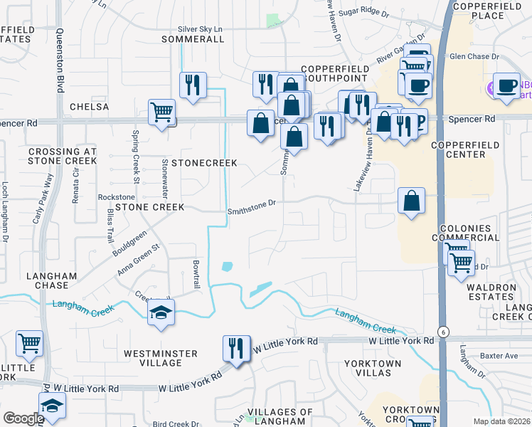 map of restaurants, bars, coffee shops, grocery stores, and more near 6777 Sommerall Drive in Houston