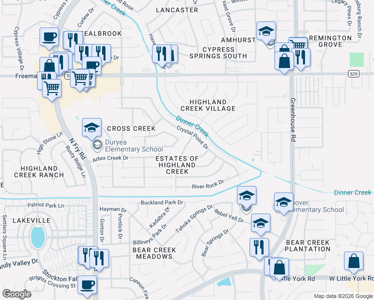 map of restaurants, bars, coffee shops, grocery stores, and more near 19810 Arbor Creek Drive in Katy