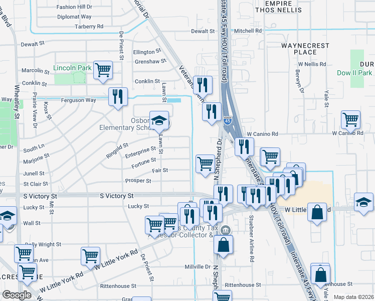 map of restaurants, bars, coffee shops, grocery stores, and more near 751 Enterprise Street in Houston