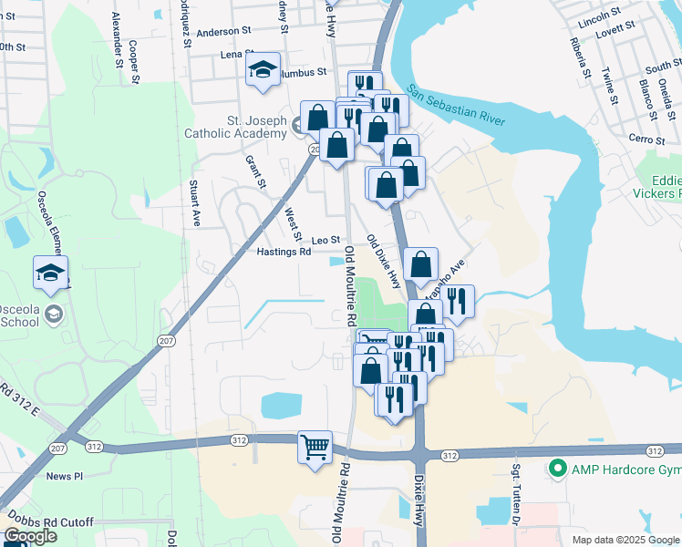map of restaurants, bars, coffee shops, grocery stores, and more near 1555 Old Moultrie Road in St. Augustine