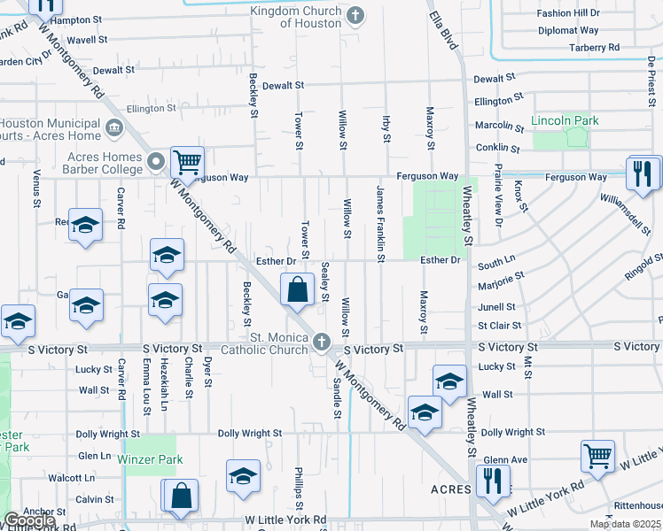 map of restaurants, bars, coffee shops, grocery stores, and more near 8000 Willow Street in Houston