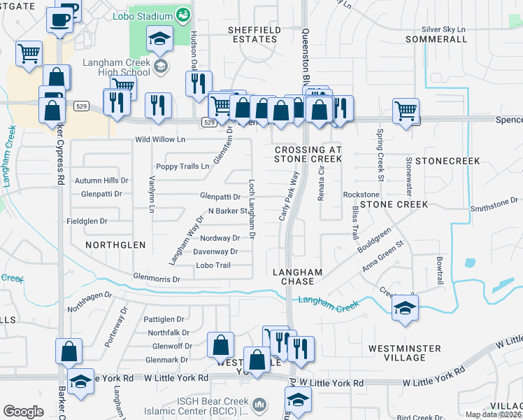 map of restaurants, bars, coffee shops, grocery stores, and more near 6626 Loch Langham Drive in Houston