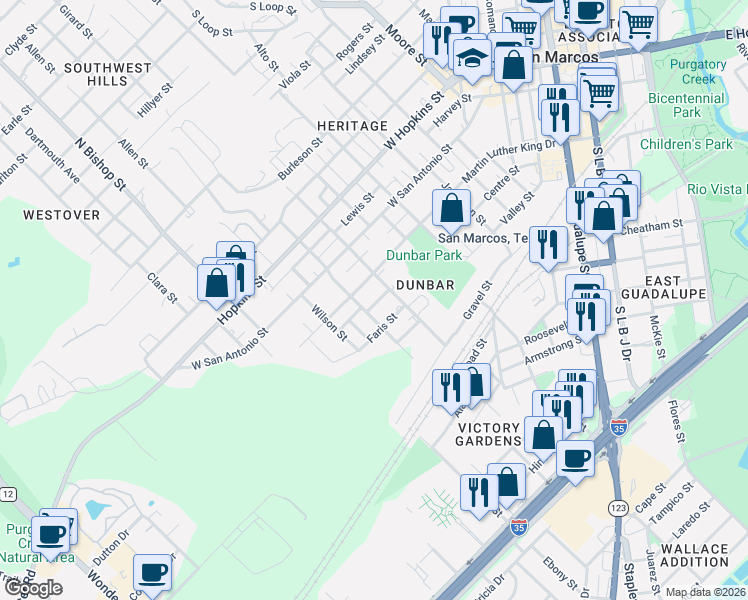 map of restaurants, bars, coffee shops, grocery stores, and more near 1008 Faris Street in San Marcos