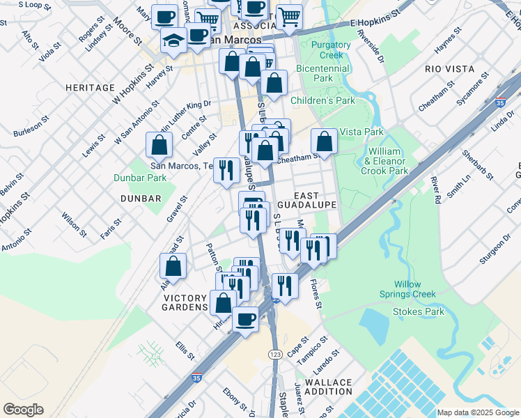 map of restaurants, bars, coffee shops, grocery stores, and more near 104 Lee Street in San Marcos