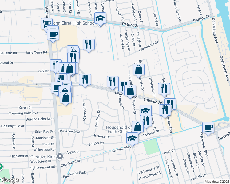 map of restaurants, bars, coffee shops, grocery stores, and more near 4301 Lapalco Blvd in Marrero