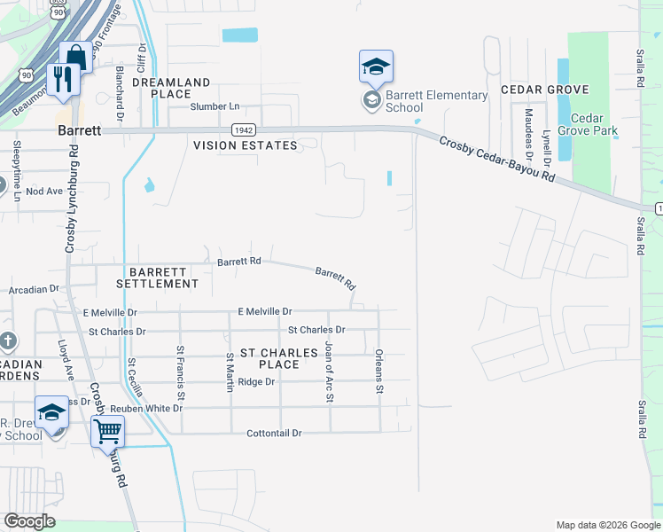map of restaurants, bars, coffee shops, grocery stores, and more near 547 Barrett Road in Crosby