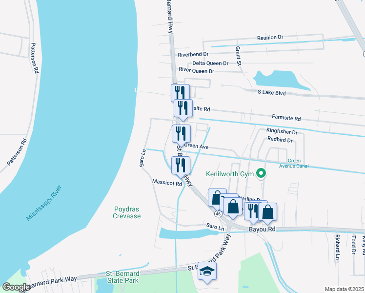 map of restaurants, bars, coffee shops, grocery stores, and more near 1201 Green Avenue in Poydras