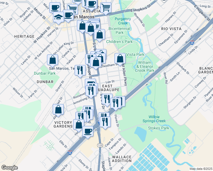 map of restaurants, bars, coffee shops, grocery stores, and more near 615 South L B J Drive in San Marcos