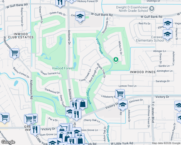 map of restaurants, bars, coffee shops, grocery stores, and more near 5622 Long Creek Lane in Houston