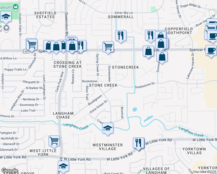 map of restaurants, bars, coffee shops, grocery stores, and more near 16714 Bouldgreen in Houston