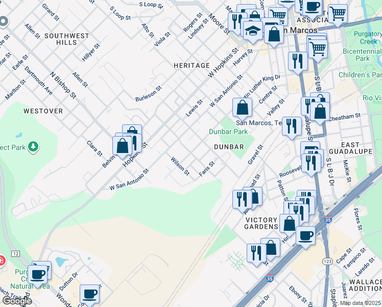map of restaurants, bars, coffee shops, grocery stores, and more near 1103 Martin Luther King Drive in San Marcos