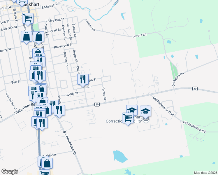 map of restaurants, bars, coffee shops, grocery stores, and more near 1310 Torres Street in Lockhart