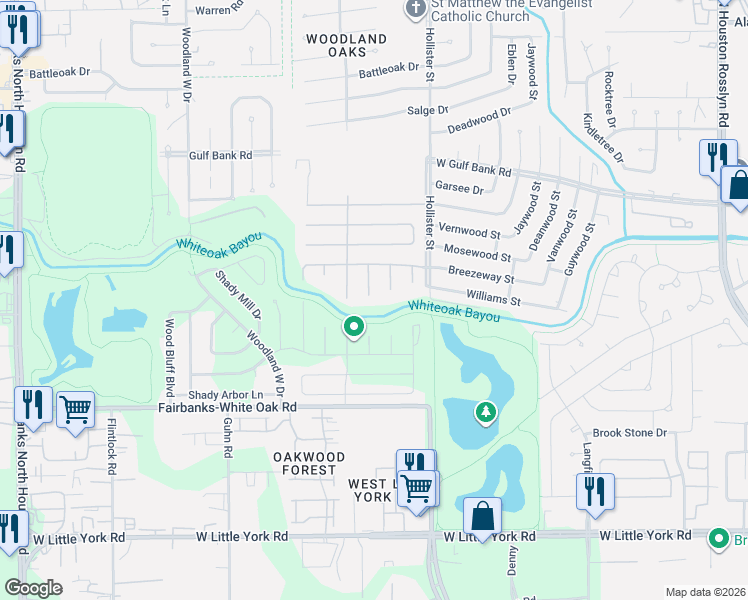 map of restaurants, bars, coffee shops, grocery stores, and more near 9202 Long Barrel Lane in Houston