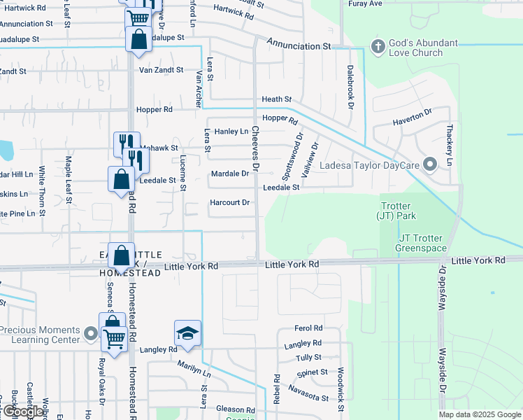 map of restaurants, bars, coffee shops, grocery stores, and more near 10914 Cheeves Drive in Houston
