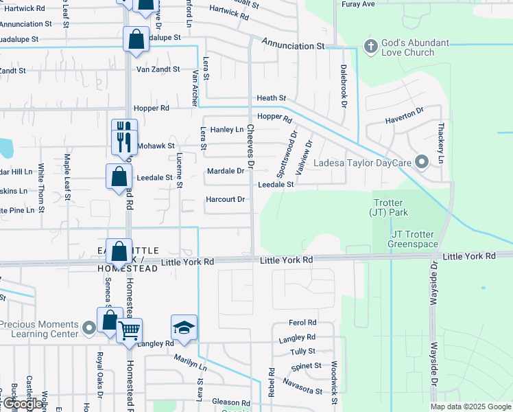 map of restaurants, bars, coffee shops, grocery stores, and more near 10914 Cheeves Drive in Houston