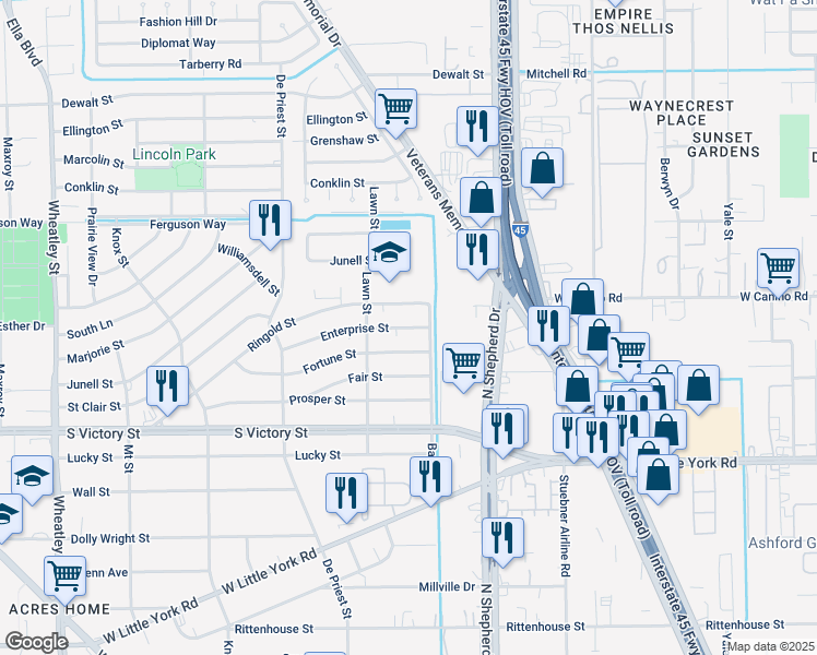 map of restaurants, bars, coffee shops, grocery stores, and more near 779 Enterprise Street in Houston