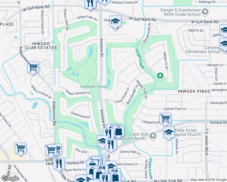 map of restaurants, bars, coffee shops, grocery stores, and more near 5730 Council Grove Lane in Houston