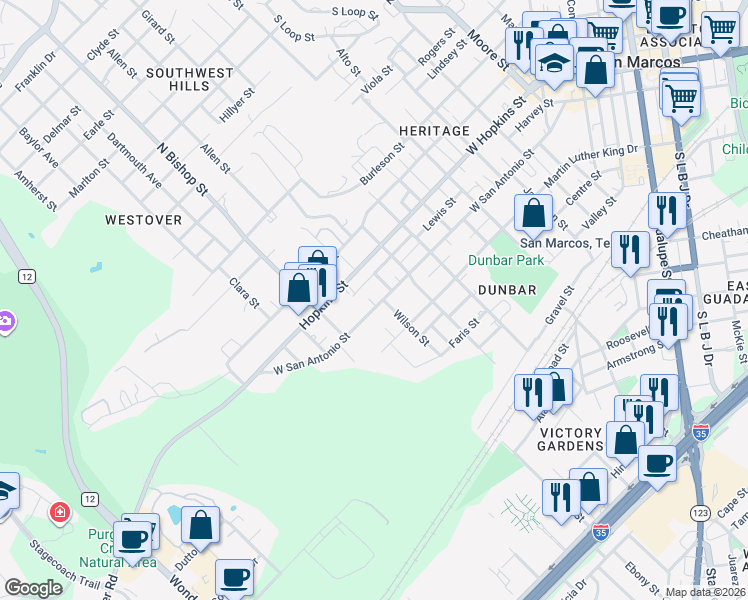 map of restaurants, bars, coffee shops, grocery stores, and more near 1220 West San Antonio Street in San Marcos